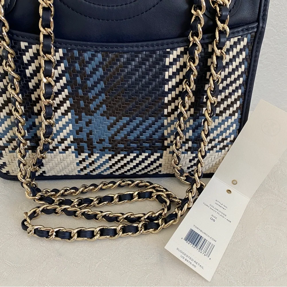 Tory Burch navy woven chain strap bag